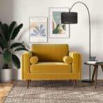 Yellow Velvet Mid-Century Modern Armchair with Walnut Legs