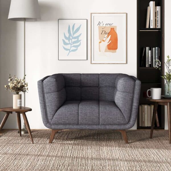 Grey Linen Mid-Century Modern Lounge Chair with Walnut Legs