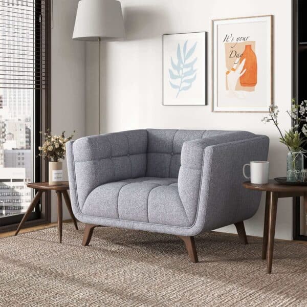 Grey Fabric Mid-Century Modern Lounge Chair with Walnut Legs