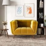 Gold Velvet Mid Century Modern Lounge Chair With Walnut Legs