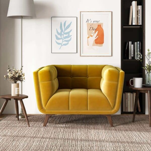 Gold Velvet Mid Century Modern Lounge Chair With Walnut Legs