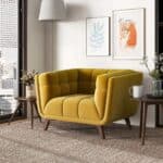 Gold Velvet Mid Century Modern Lounge Chair With Walnut Legs