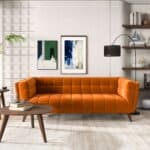 Blue Velvet Mid-Century Modern Sofa with Solid Wood Base