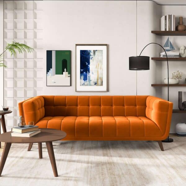 Blue Velvet Mid-Century Modern Sofa with Solid Wood Base