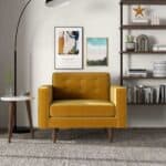 Gold Velvet Mid-Century Modern Lounge Chair with Walnut Legs
