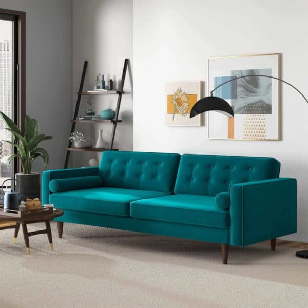 Teal Velvet Mid Century Modern Sofa with Removable Legs