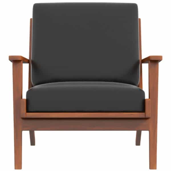 Black Leather Mid-Century Modern Lounge Chair With Solid Wood