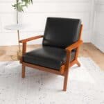 Black Leather Mid-Century Modern Lounge Chair With Solid Wood