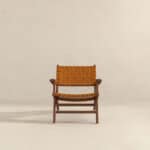 Tan Leather Teak Wood Lounge Chair Modern Design