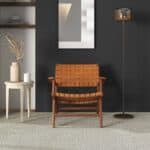 Tan Leather Teak Wood Lounge Chair Modern Design