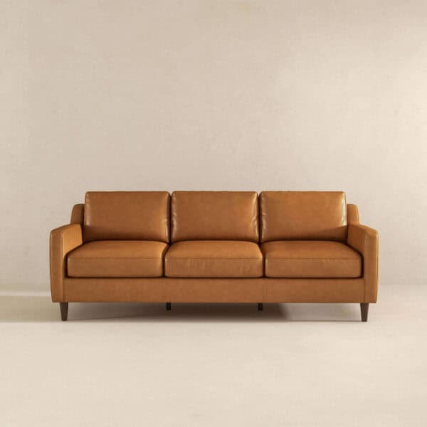 Tan Leather Mid Century Modern Sofa with Removable Legs