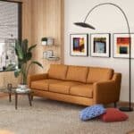 Tan Leather Mid Century Modern Sofa with Removable Legs