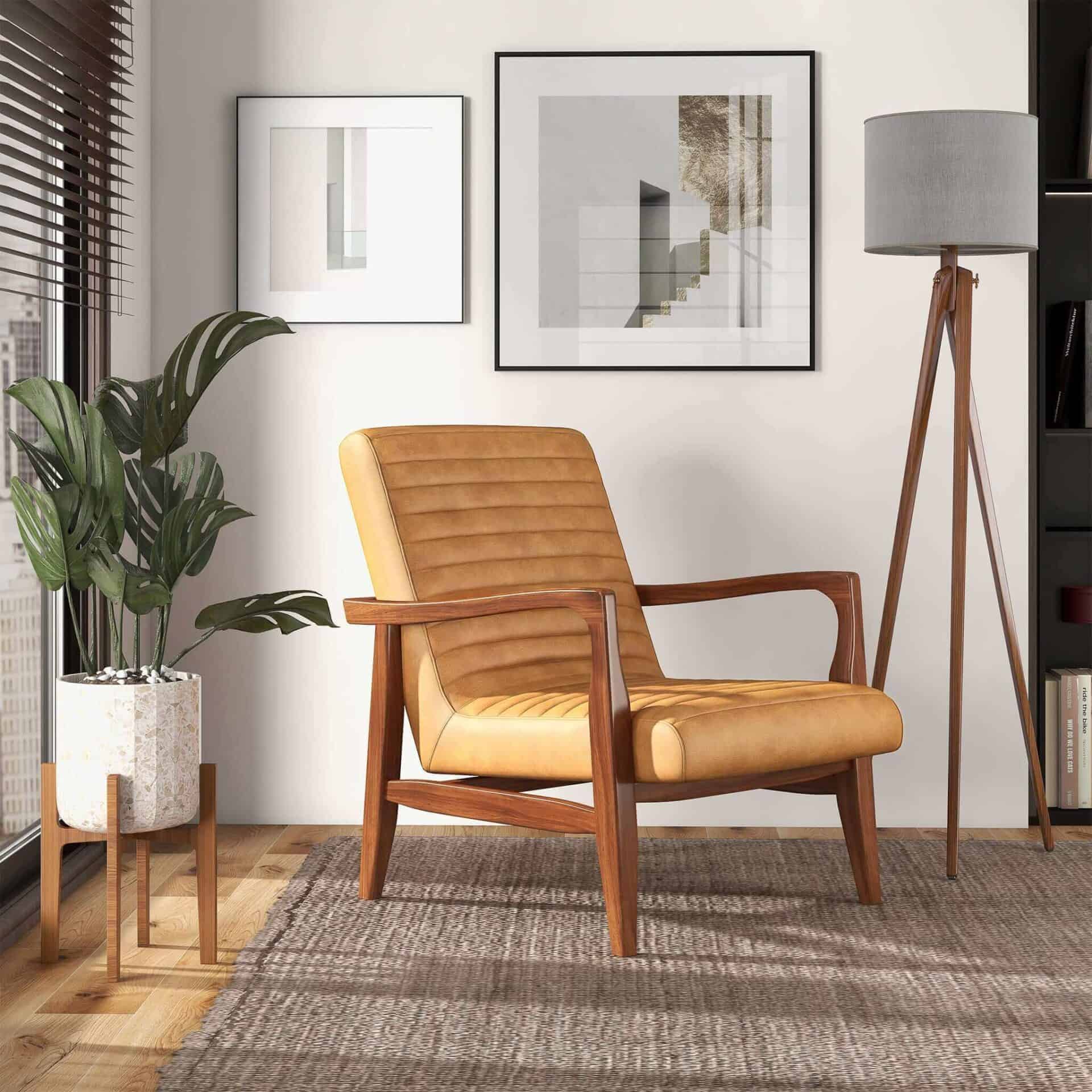 Tan Leather Mid-Century Lounge Chair with Solid Wood Frame 1 Tan Leather Mid-Century Lounge Chair with Solid Wood Frame