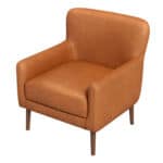 Tan Leather Mid-Century Modern Lounge Chair With Tapered Walnut Legs and Round Arms