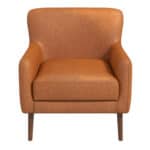 Tan Leather Mid-Century Modern Lounge Chair With Tapered Walnut Legs and Round Arms