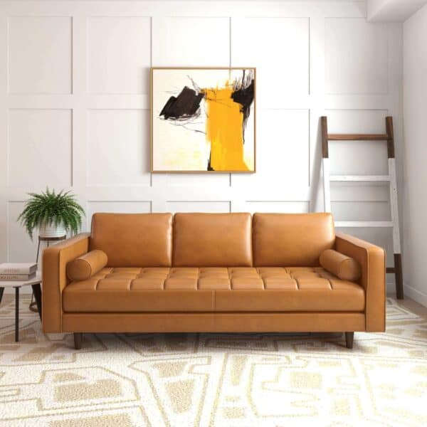 Tan Leather Tufted Mid-Century Modern Sofa with Solid Wood