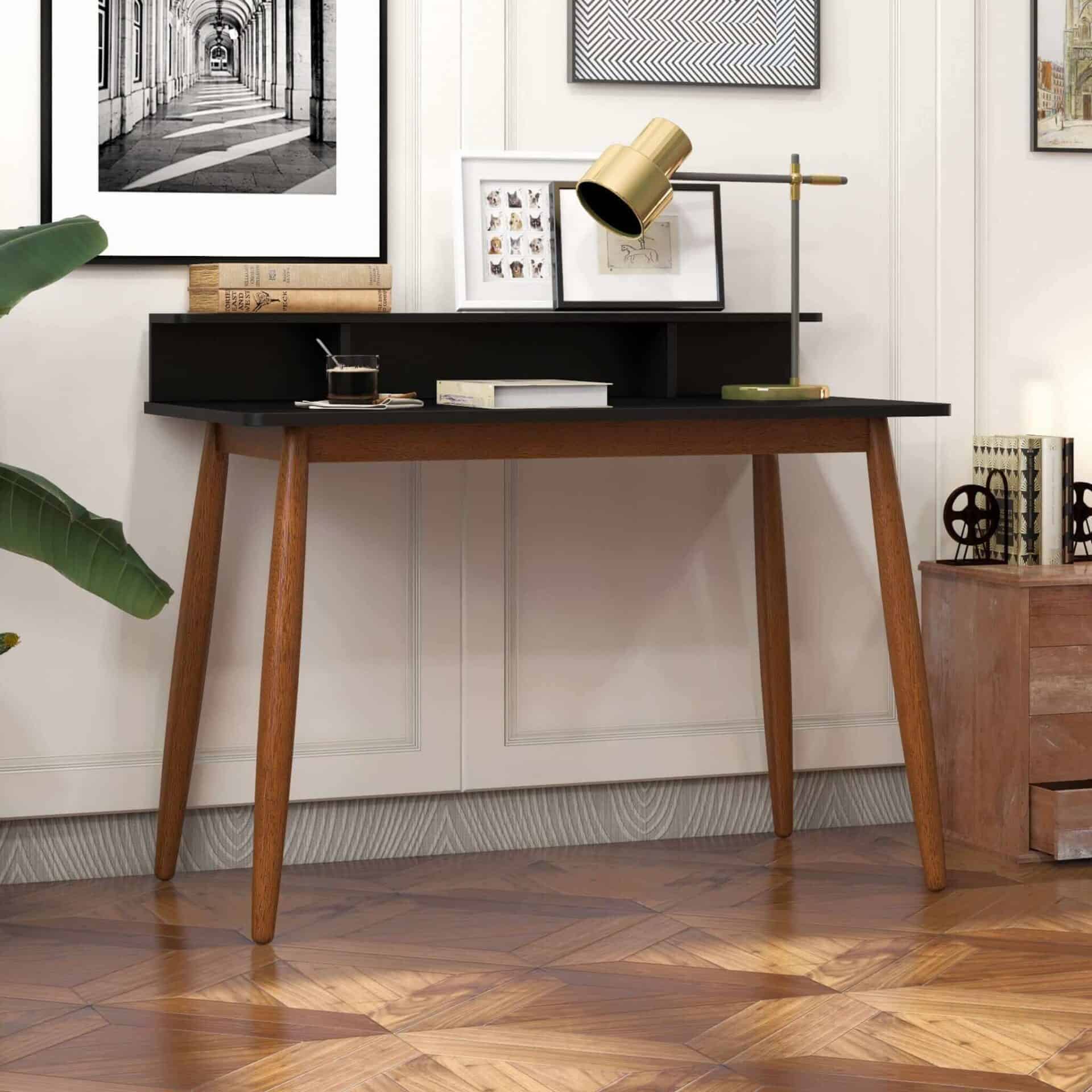 Black Solid Wood Mid-Century Modern Desk with Walnut Finish 7 Black Solid Wood Mid-Century Modern Desk with Walnut Finish - Image 7