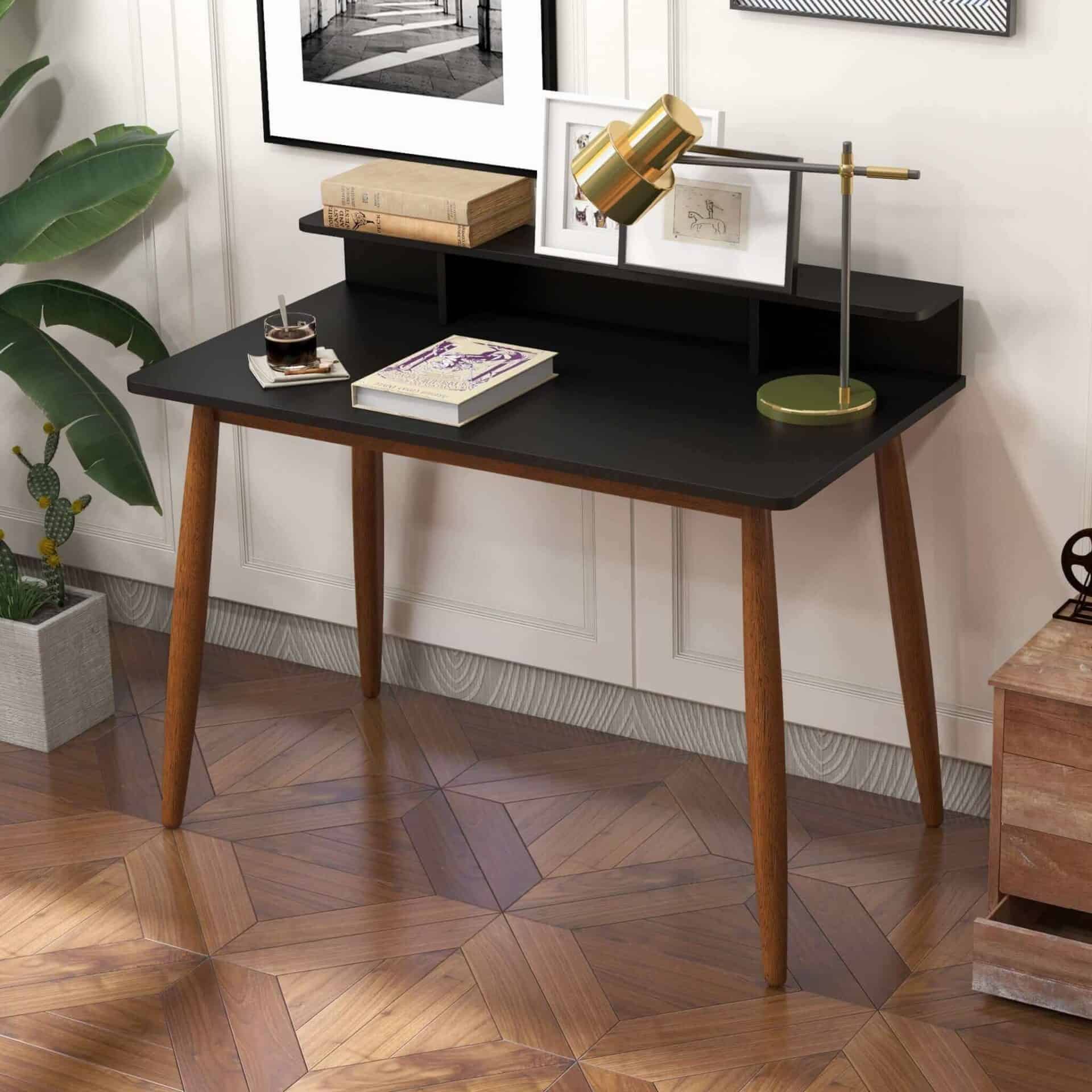 Black Solid Wood Mid-Century Modern Desk with Walnut Finish 2 Black Solid Wood Mid-Century Modern Desk with Walnut Finish - Image 2