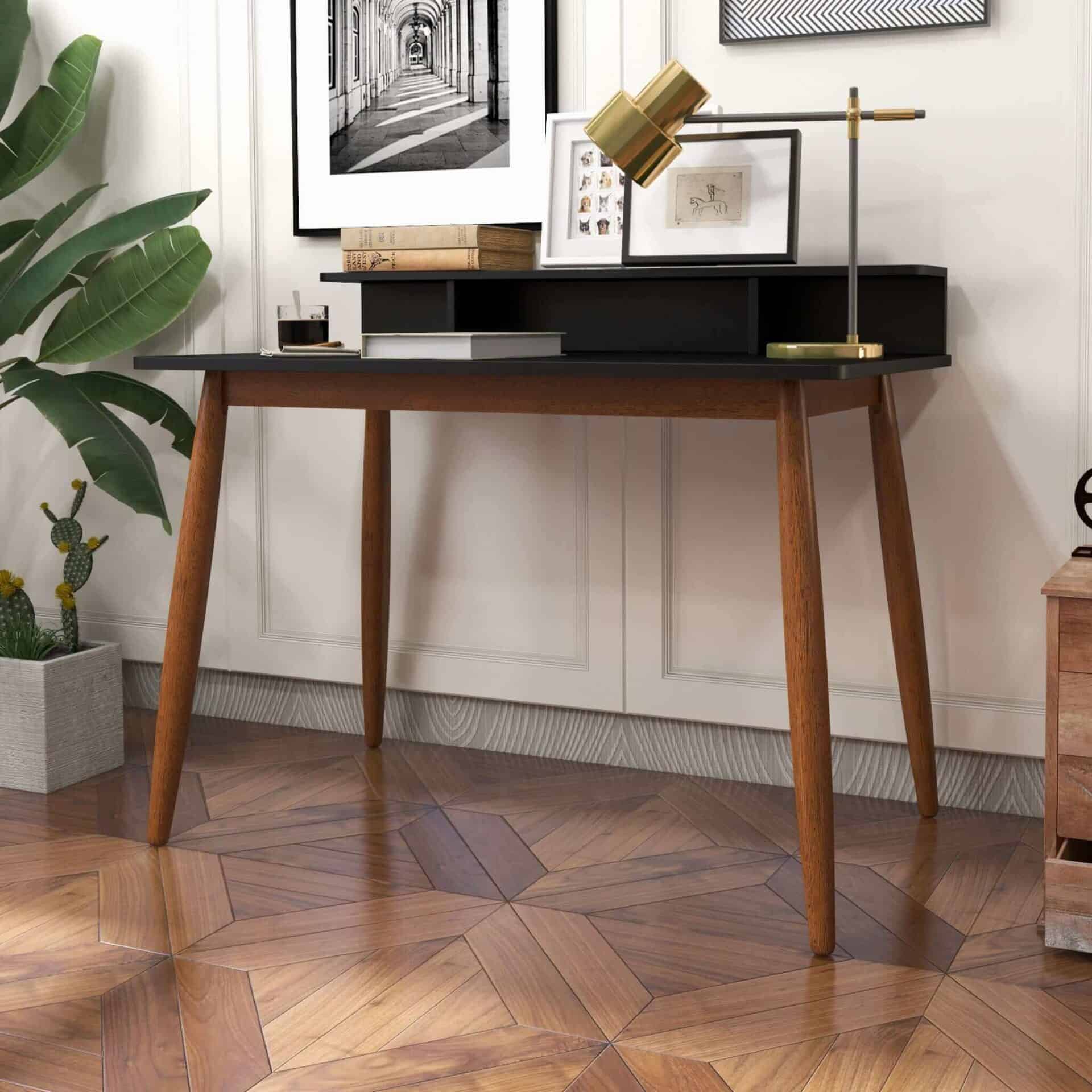 Black Solid Wood Mid-Century Modern Desk with Walnut Finish 3 Black Solid Wood Mid-Century Modern Desk with Walnut Finish - Image 3