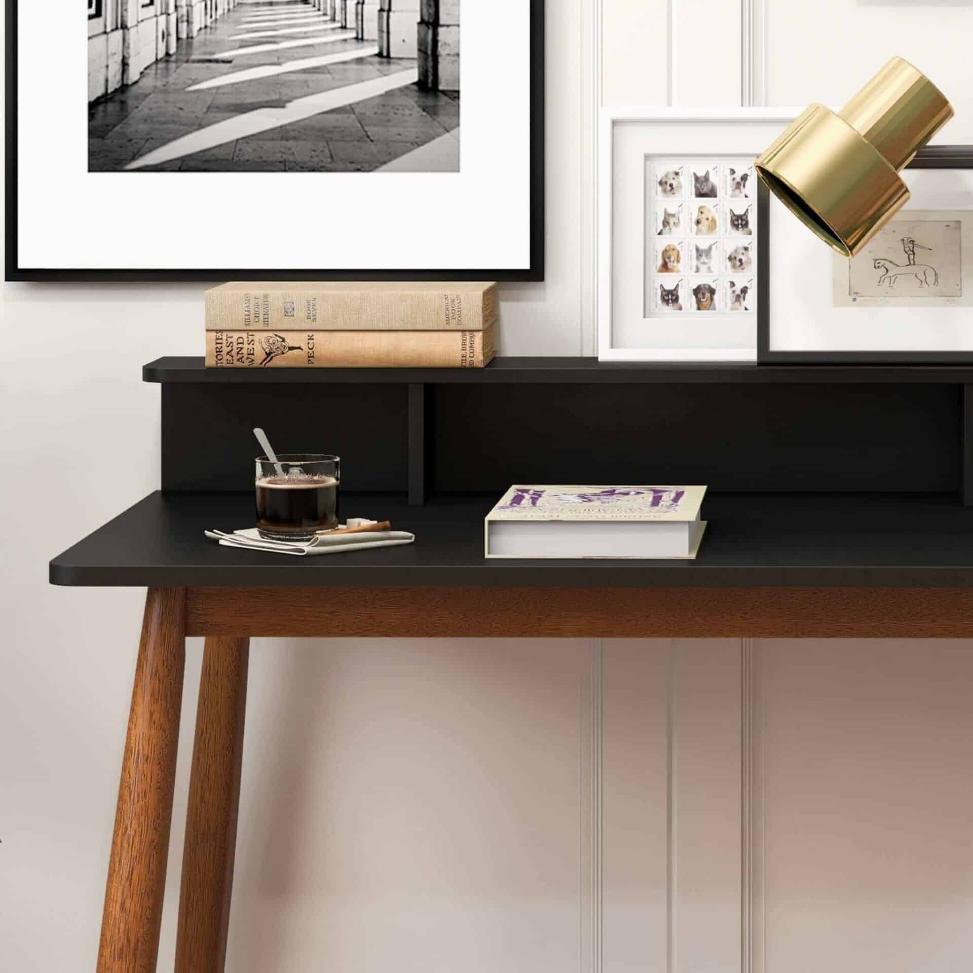 Black Solid Wood Mid-Century Modern Desk with Walnut Finish 4 Black Solid Wood Mid-Century Modern Desk with Walnut Finish - Image 4