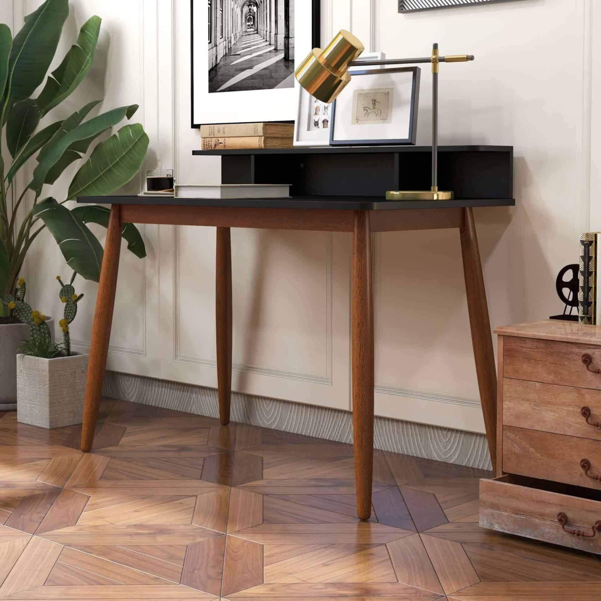 Black Solid Wood Mid-Century Modern Desk with Walnut Finish 5 Black Solid Wood Mid-Century Modern Desk with Walnut Finish - Image 5