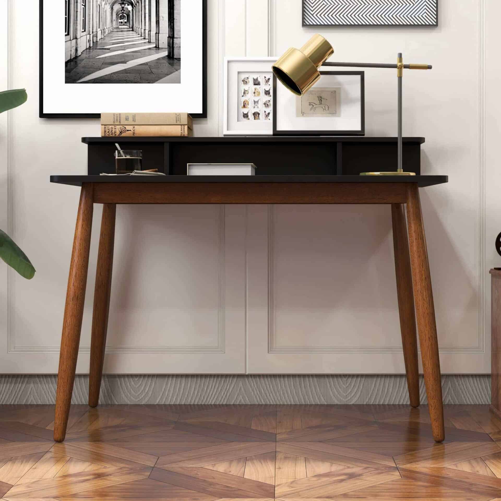 Black Solid Wood Mid-Century Modern Desk with Walnut Finish 6 Black Solid Wood Mid-Century Modern Desk with Walnut Finish - Image 6