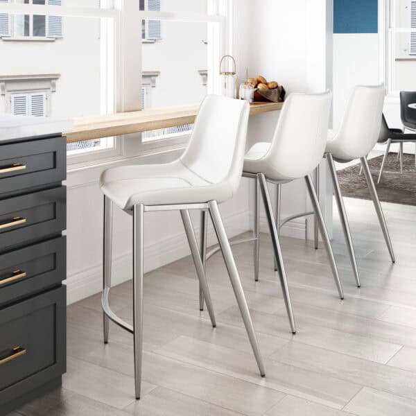 White Faux Leather Counter Stool with Brushed Steel Legs (Set of 2)