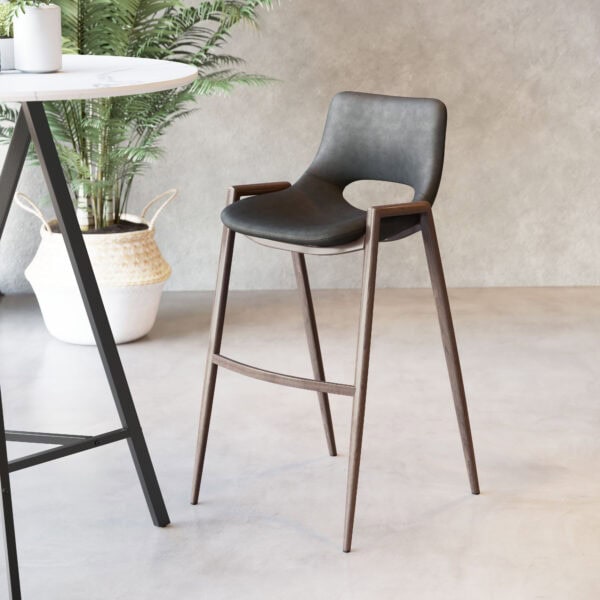 Mid Century Modern Black & Walnut Barstool with Footrest (Set of 2)