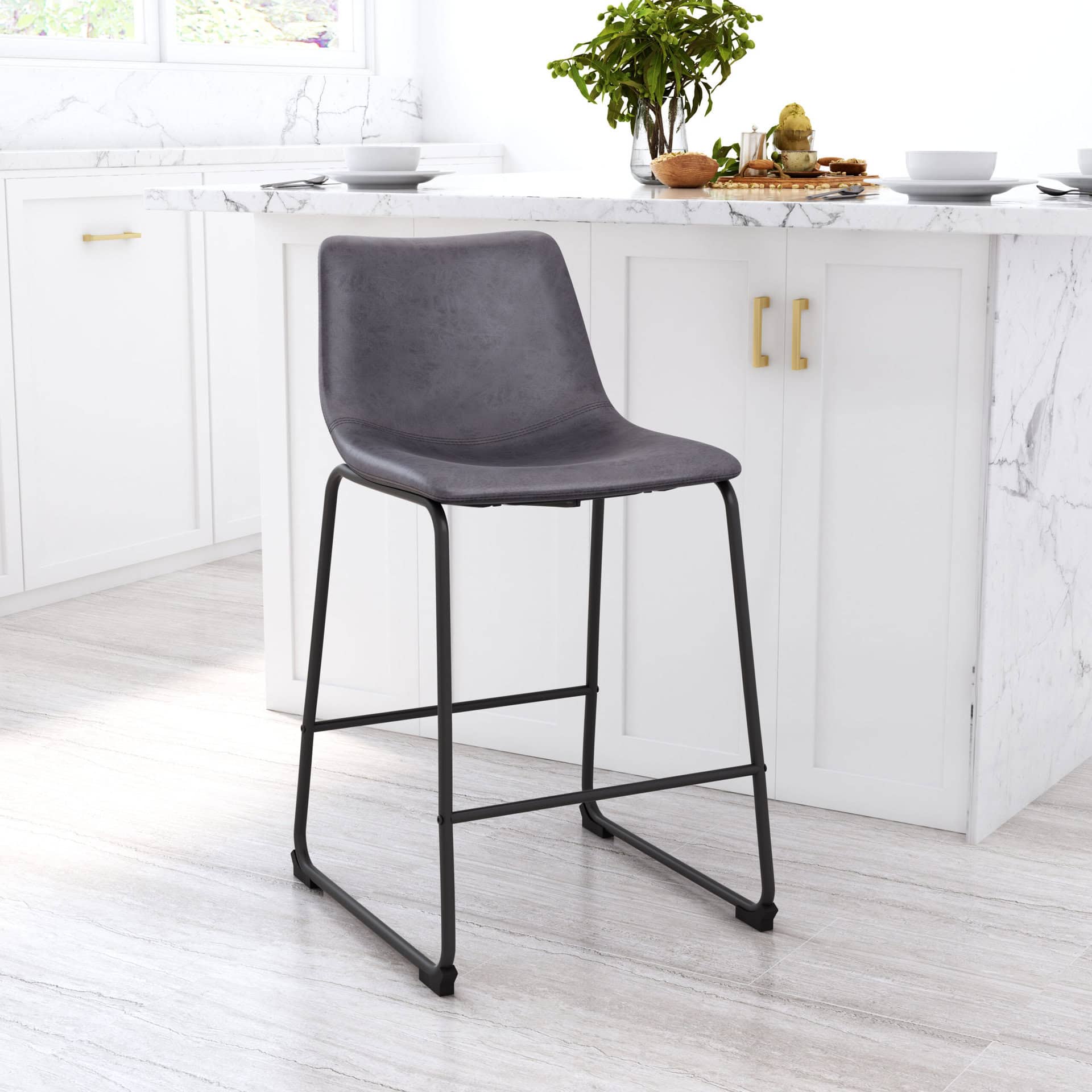 Charcoal Faux Leather Counter Stool with Matte Black Frame (Set of 2)