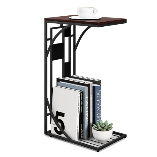 C Shaped Marble Texture End Table with Storage Rack Brown 4 C Shaped Marble Texture End Table with Storage Rack Brown - Image 4