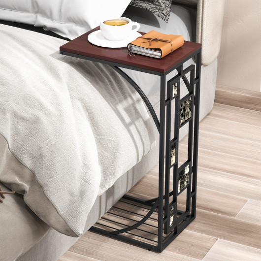 C Shaped Marble Texture End Table with Storage Rack Brown 2 C Shaped Marble Texture End Table with Storage Rack Brown - Image 2