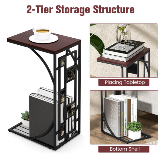 C Shaped Marble Texture End Table with Storage Rack Brown 7 C Shaped Marble Texture End Table with Storage Rack Brown - Image 7