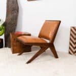 Tan Leather Mid-Century Modern Lounge Chair With Walnut Legs and Nailhead Trim