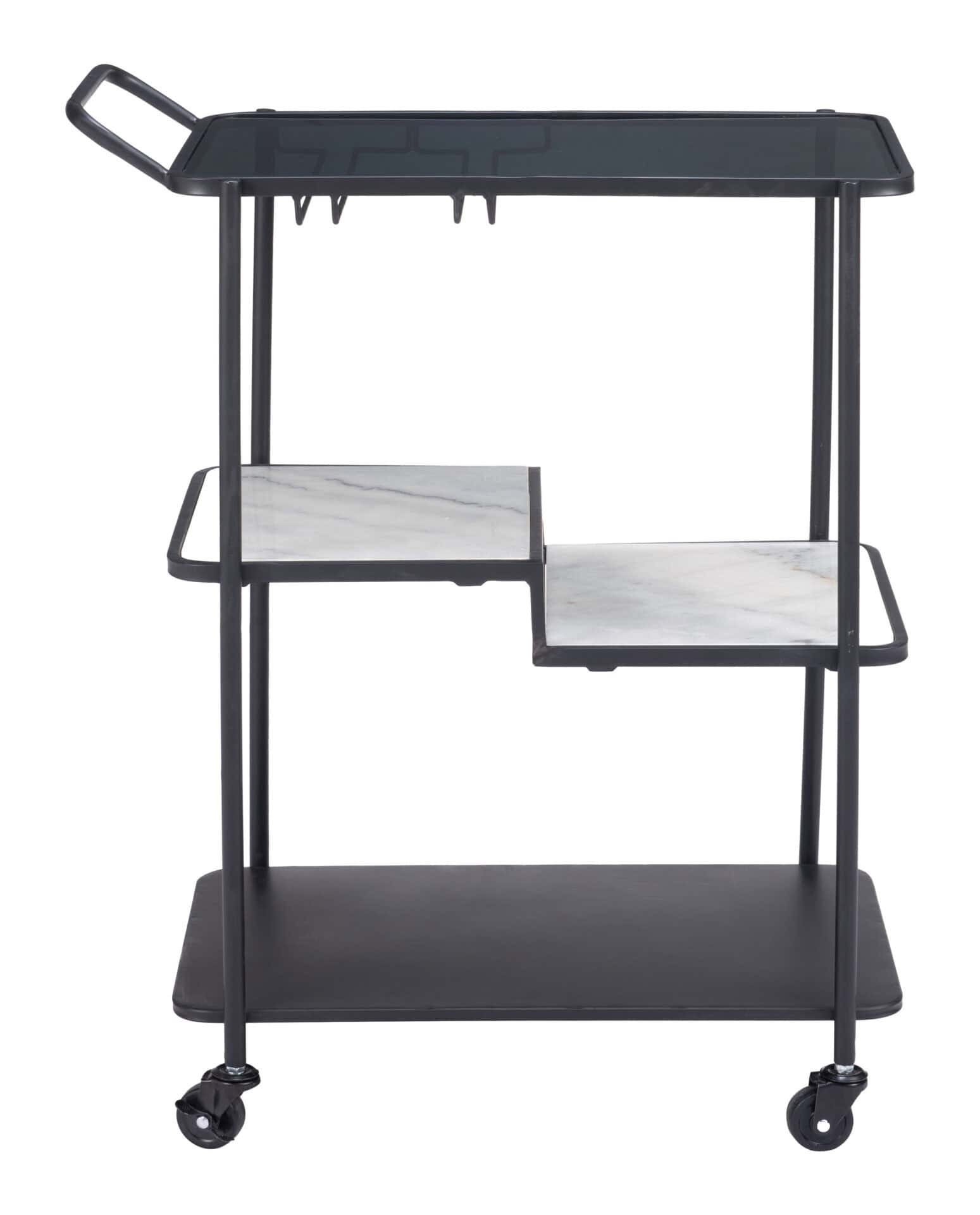 Black Bar Cart with Marble Accents and Glass Shelves 4 Black Bar Cart with Marble Accents and Glass Shelves - Image 4