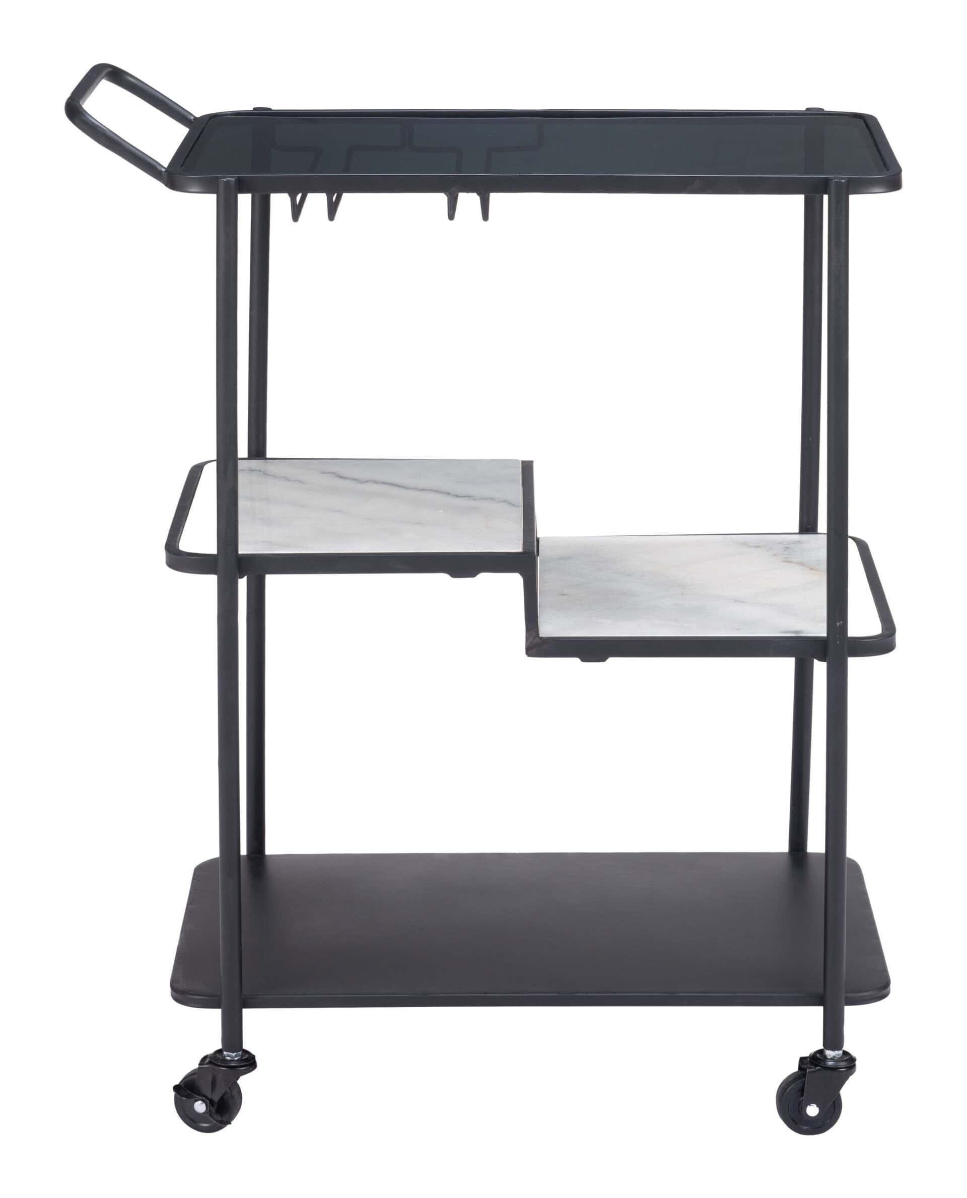 Black Bar Cart with Marble Accents and Glass Shelves 14 Black Bar Cart with Marble Accents and Glass Shelves