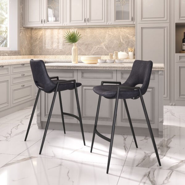 Black Mid-Century Modern Counter Stool with Faux Leather (Set of 2)