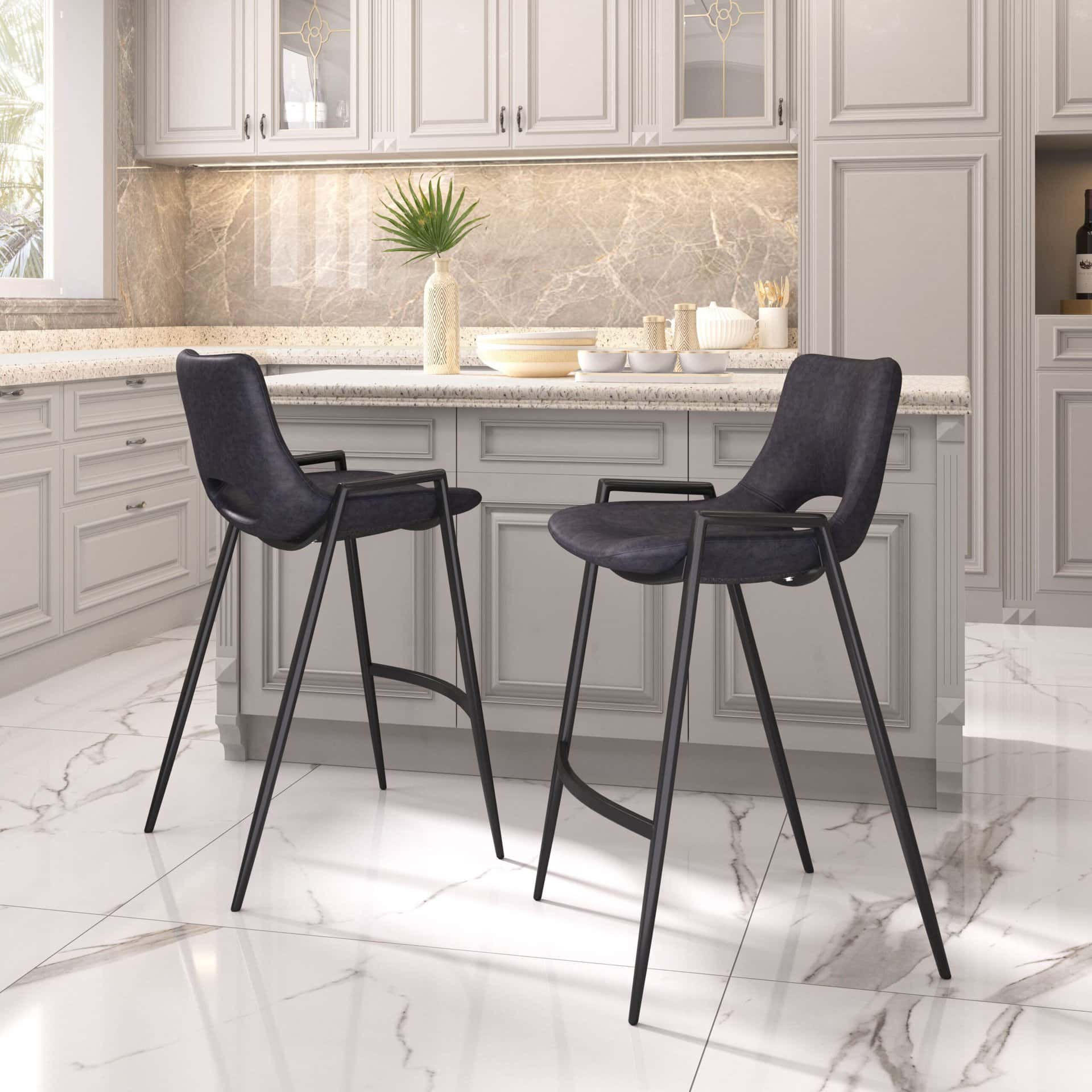 Black Mid-Century Modern Counter Stool with Faux Leather (Set of 2)