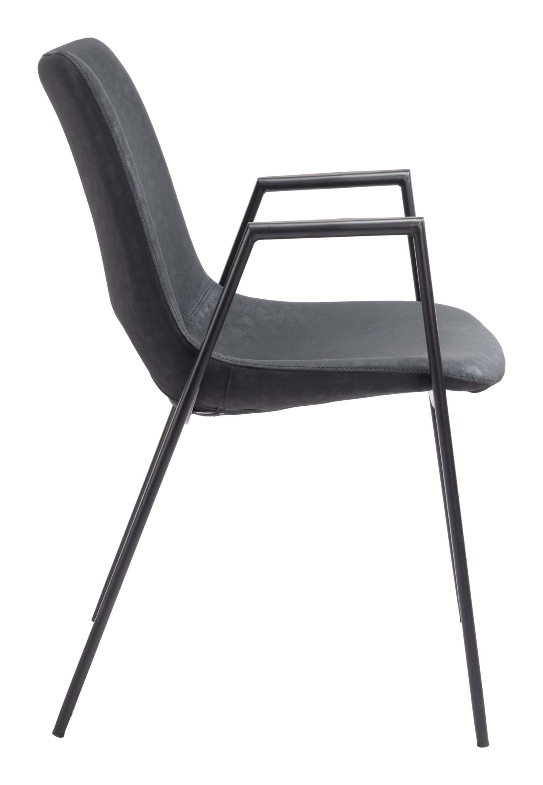 Black Faux Leather Dining Chair with Steel Frame and Armrests (Set of 2)