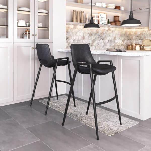 Black Faux Leather Barstool with Armrests and Steel Frame (Set of 2)