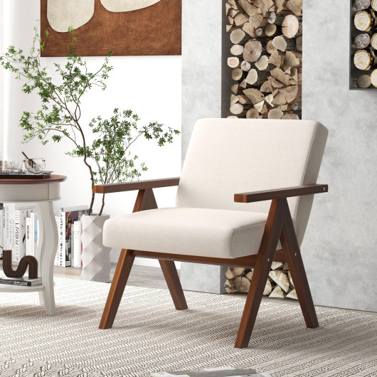 Modern Acacia Wood Accent Chair with Linen Fabric Cushions 2 Modern Acacia Wood Accent Chair with Linen Fabric Cushions - Image 2