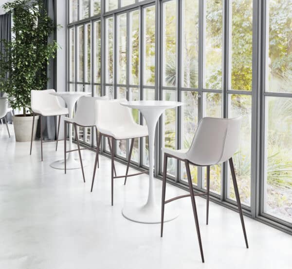 White Faux Leather Barstool with Walnut Legs and Footrest (Set of 2)