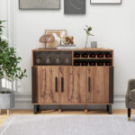 Brown Wine Bar Cabinet with Adjustable Shelves and Glass Holder 8 Brown Wine Bar Cabinet with Adjustable Shelves and Glass Holder
