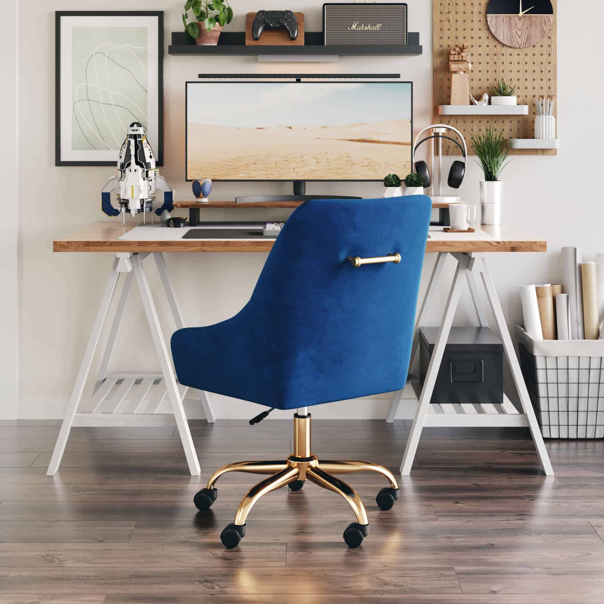 Navy Blue Velvet Office Chair with Gold Base and Adjustable Height 2 Navy Blue Velvet Office Chair with Gold Base and Adjustable Height - Image 2