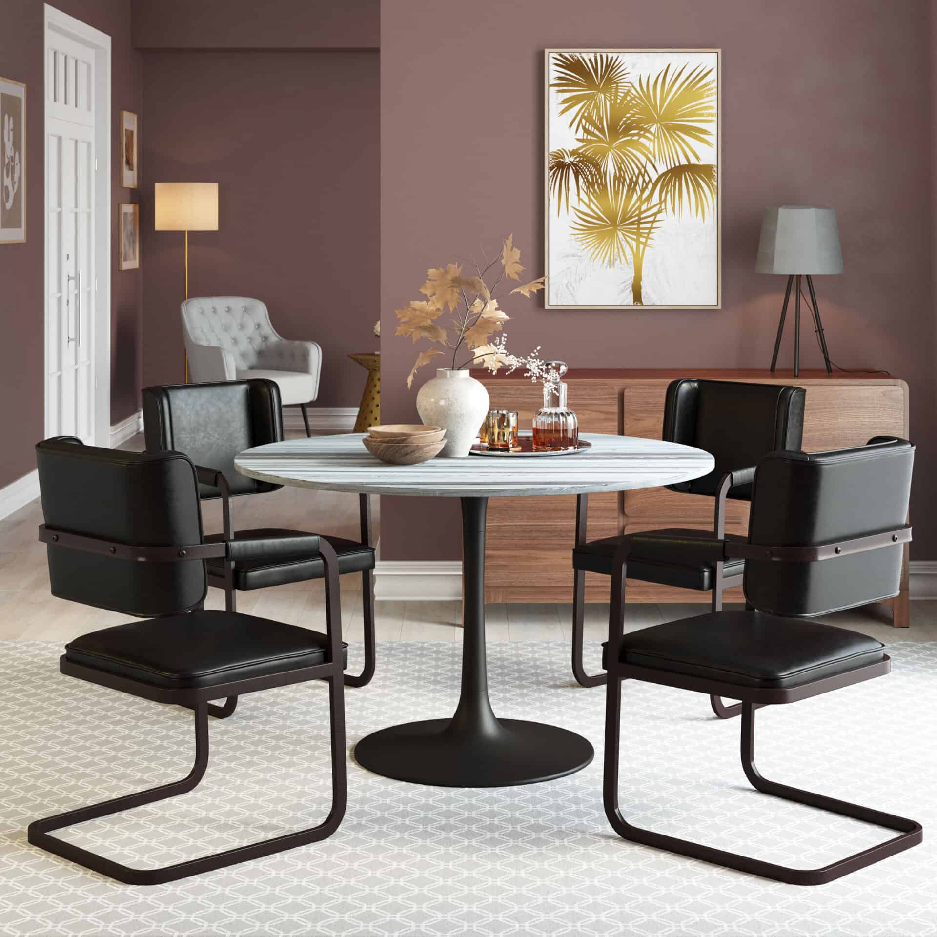 Round Marble Dining Table with Steel Base - Gray & Black 1 Round Marble Dining Table with Steel Base - Gray & Black