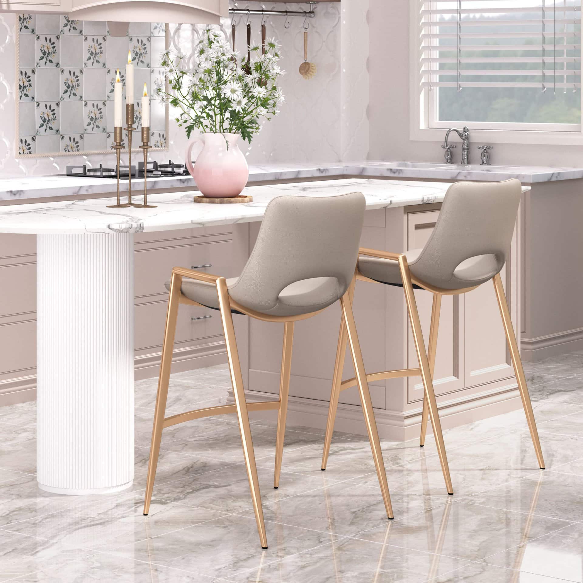 Beige and Gold Mid-Century Modern Counter Stool with Footrest (Set of 2)
