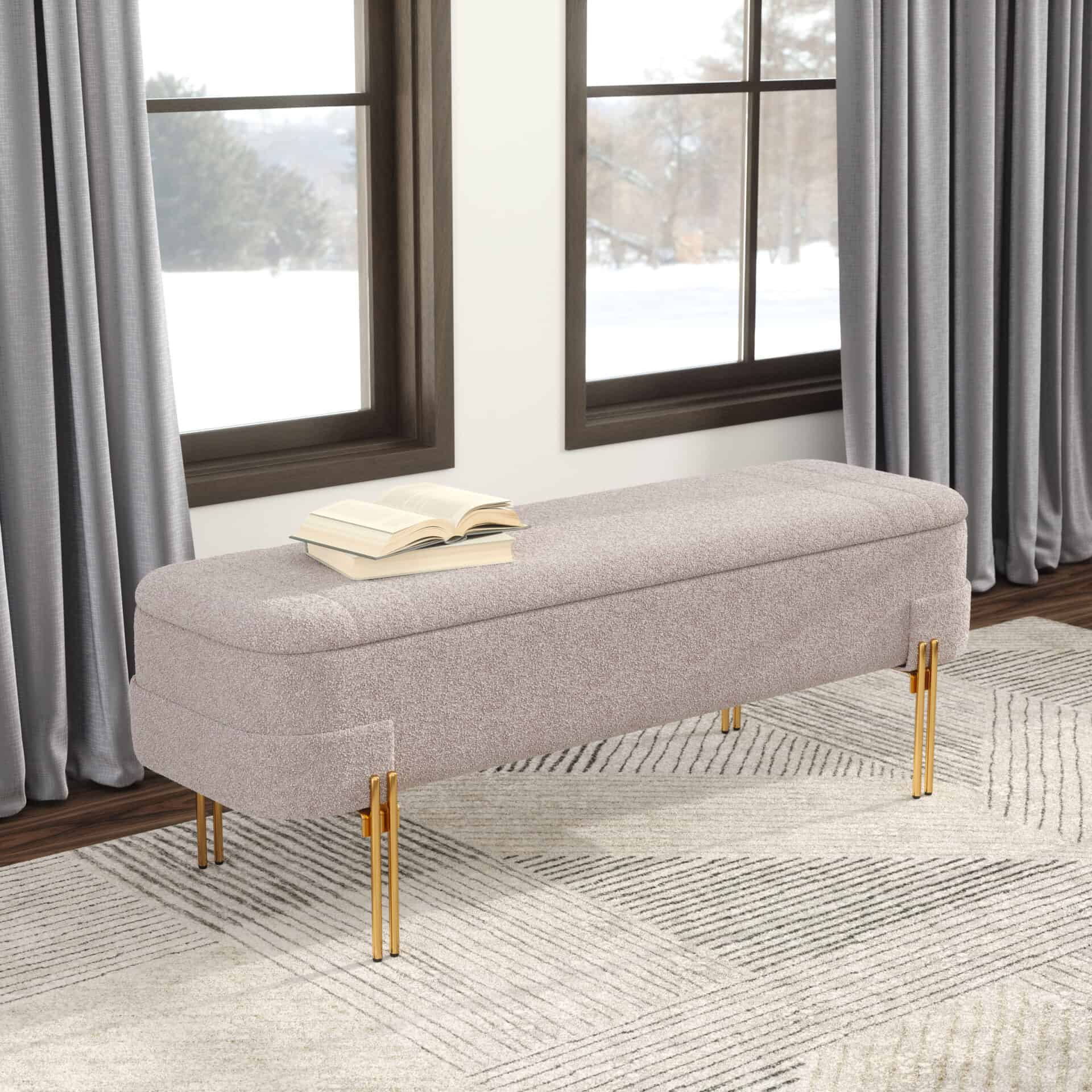 Oatmeal Beige Storage Bench with Hidden Compartment and Steel Legs 1 Oatmeal Beige Storage Bench with Hidden Compartment and Steel Legs