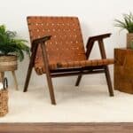 Tan Leather Mid-Century Modern Lounge Chair with Walnut Legs and Round Arms