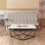 Modern Three-Seat Sofa with Tufted Cushions, Putty Fabric Finish