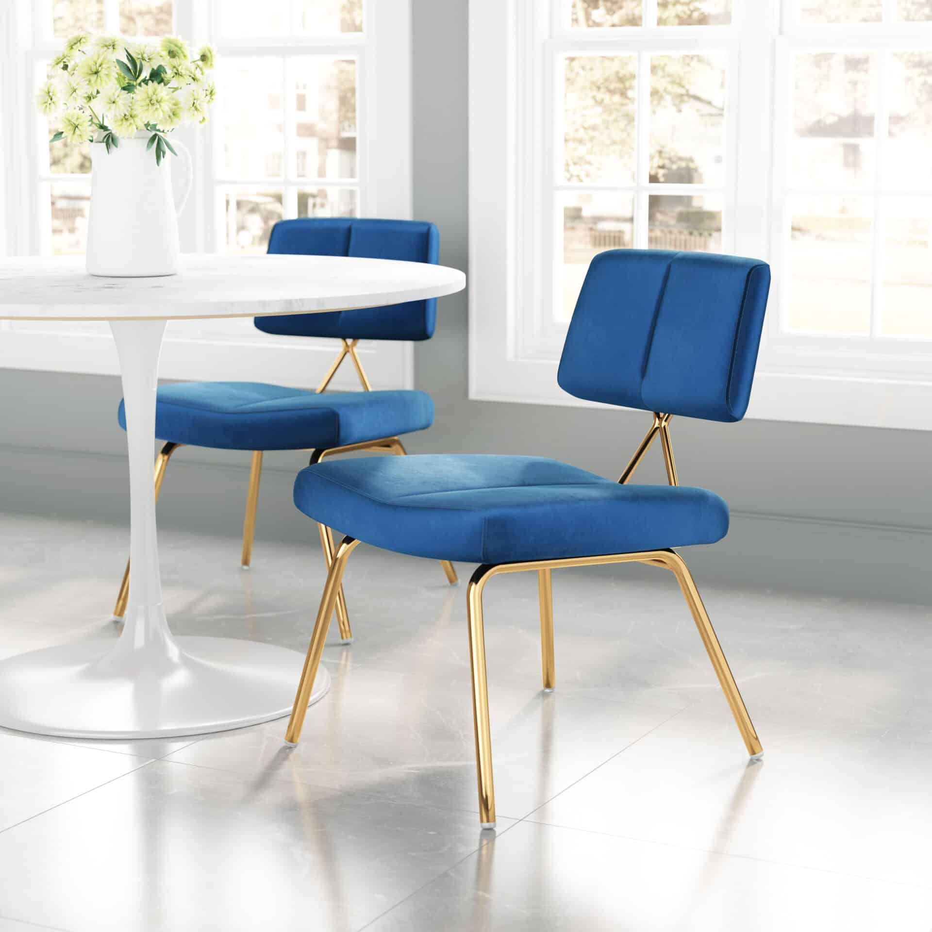 Blue Velvet Accent Chair with Gold Frame (Set of 2) 1 Blue Velvet Accent Chair with Gold Frame (Set of 2)