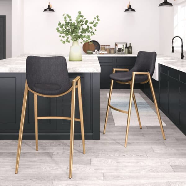 Mid-Century Modern Black and Gold Barstools with Footrest (Set of 2)